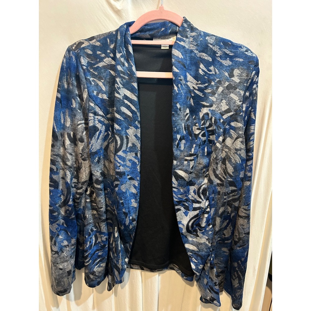 Dressbarn Blue Abstract Print Open Front Cardigan Blazer Jacket Medium